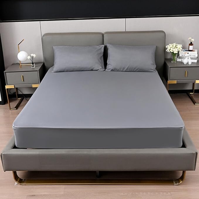 KHIM Luxury Deep Fitted Sheet 10”/25CM Breathable Poly Cotton Plain Soft Long-Lasting Bed Sheet Single Double King Super King, Pillowcase Pair Available in 8 different colors