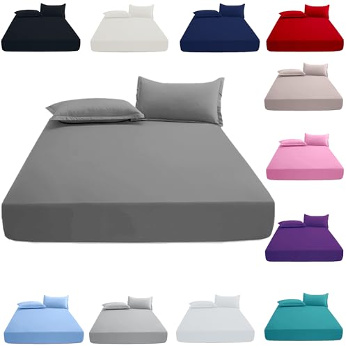 KHIM 100% Cotton 40CM/16inch Deep Fitted Sheet Single, Double, King & Super King Bed Sheets with Pillowcase Pair Available in 5 different colors