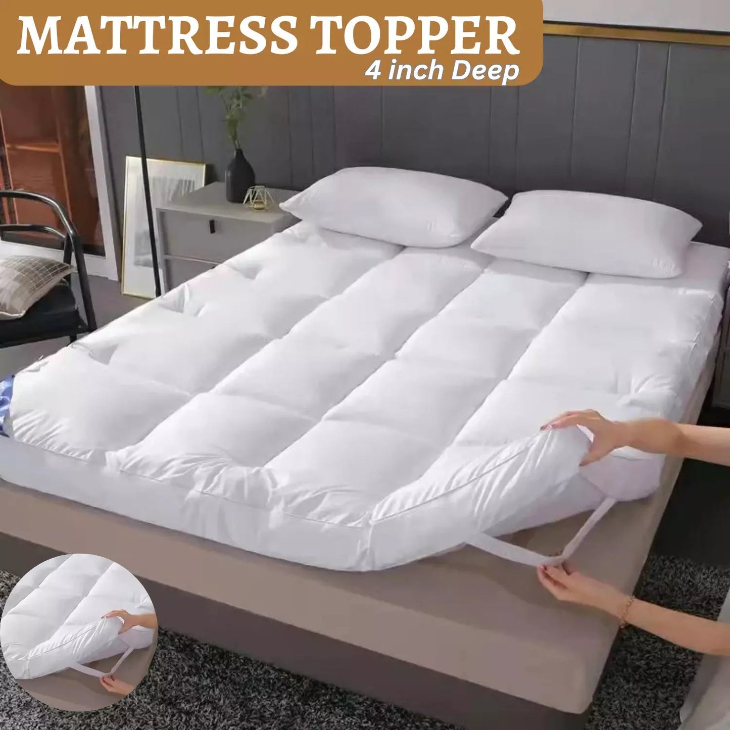 KHIM Mattress Topper (4 inches/10CM) Quilted Extra Deep Hotel Quality Mattress Topper, Breathable and Super Fluffy Mattress Topper Luxury Comfort with Elasticated Straps